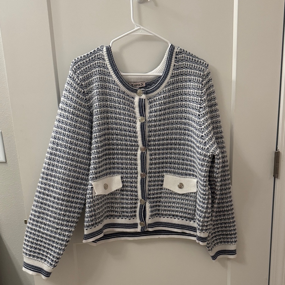 Nanette Lepore Navy and White Button-Up Cardigan